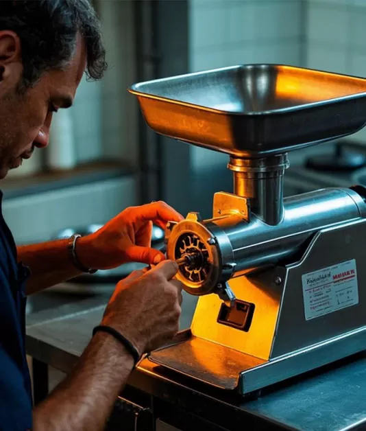The maintenance personnel are maintaining the meat grinders.